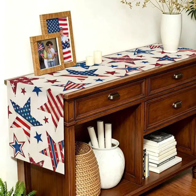 Alt view image 6 of 7 - 4th of July Table Runner 13x72 Inch Patriotic Stars Table Decoration | Red White Blue Memorial Day Runner for Table, Independence Day Home Kitchen Dining Table Party Decor
