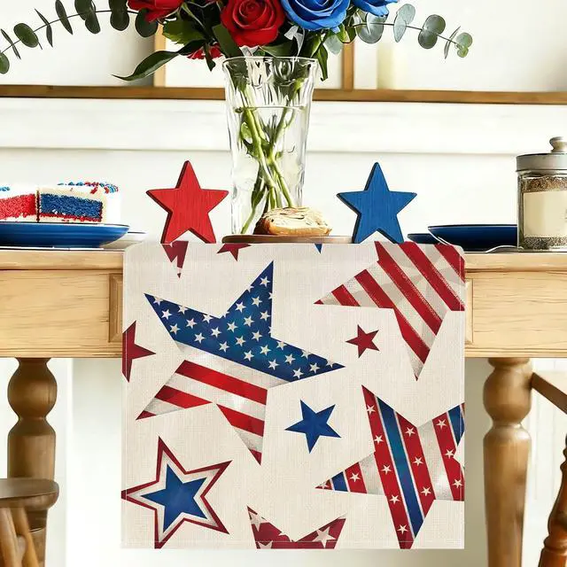 Alt view image 7 of 7 - 4th of July Table Runner 13x72 Inch Patriotic Stars Table Decoration | Red White Blue Memorial Day Runner for Table, Independence Day Home Kitchen Dining Table Party Decor