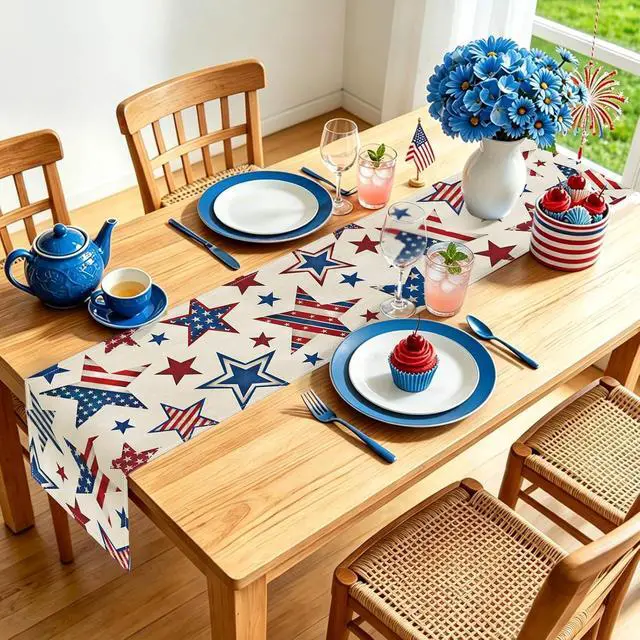 Alt view image 5 of 7 - 4th of July Table Runner 13x72 Inch Patriotic Stars Table Decoration | Red White Blue Memorial Day Runner for Table, Independence Day Home Kitchen Dining Table Party Decor