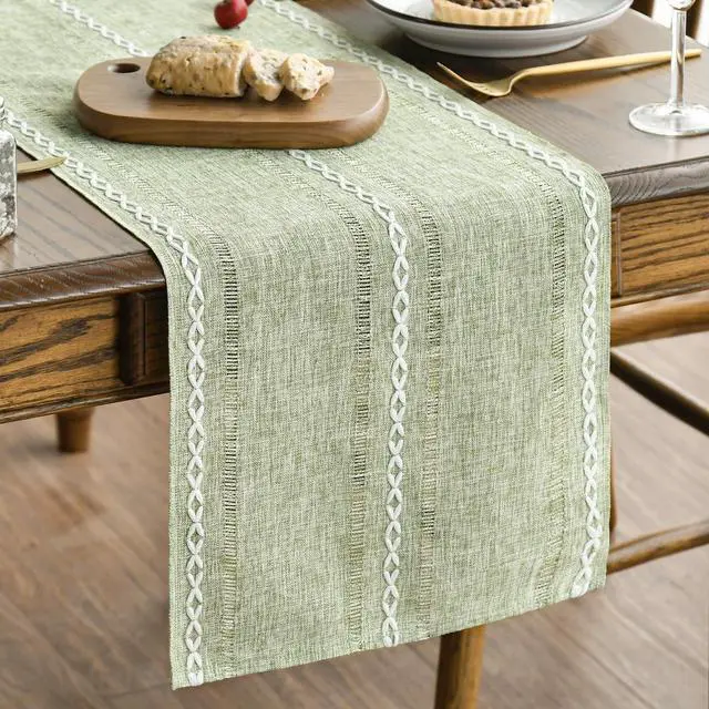 Main image of Artoid Mode Sage Green Rustic Cotton Linen Table Runner, Seasonal Embroidered Hollow Kitchen Dining Table Decoration for Home Party Decor 13x72 Inch