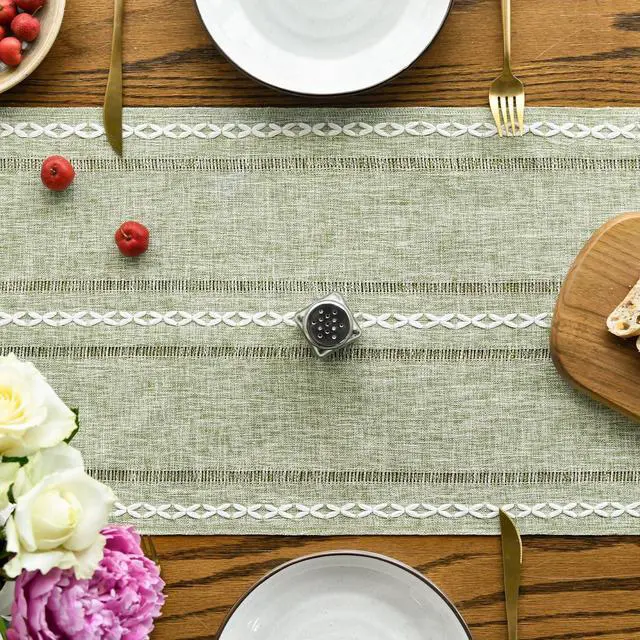Alt view image 2 of 7 - Artoid Mode Sage Green Rustic Cotton Linen Table Runner, Seasonal Embroidered Hollow Kitchen Dining Table Decoration for Home Party Decor 13x72 Inch