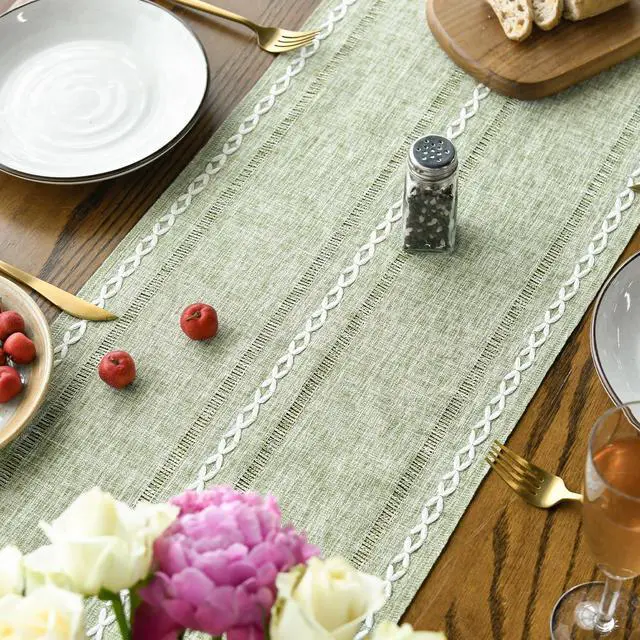 Alt view image 4 of 7 - Artoid Mode Sage Green Rustic Cotton Linen Table Runner, Seasonal Embroidered Hollow Kitchen Dining Table Decoration for Home Party Decor 13x72 Inch