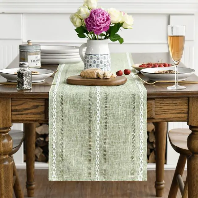 Alt view image 3 of 7 - Artoid Mode Sage Green Rustic Cotton Linen Table Runner, Seasonal Embroidered Hollow Kitchen Dining Table Decoration for Home Party Decor 13x72 Inch
