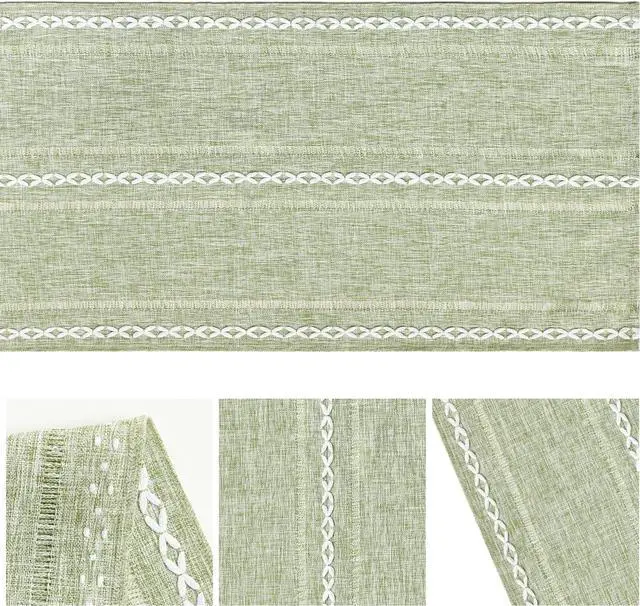 Alt view image 6 of 7 - Artoid Mode Sage Green Rustic Cotton Linen Table Runner, Seasonal Embroidered Hollow Kitchen Dining Table Decoration for Home Party Decor 13x72 Inch