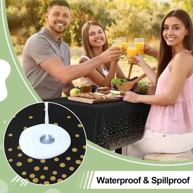 Alt view image 3 of 7 - misaya 3 Packs Dot Disposable Table Cloth, 54 x 108 Inch Waterproof Plastic Tablecloth, Rectangle Gold Dots in Black Table Covers for Picnic, Birthday, Party and Back to School