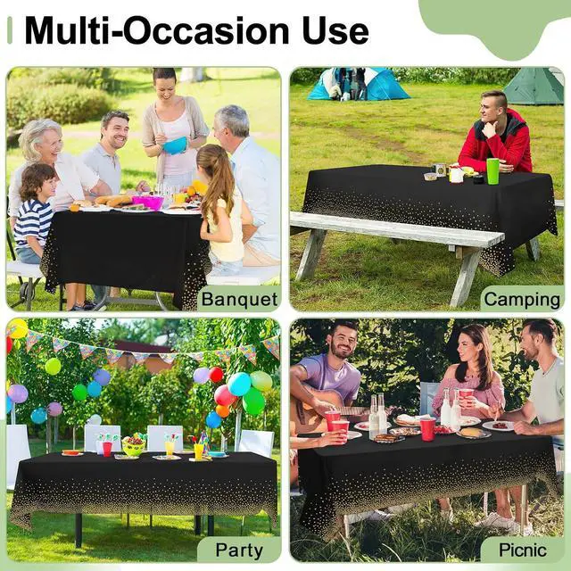 Alt view image 7 of 7 - misaya 3 Packs Dot Disposable Table Cloth, 54 x 108 Inch Waterproof Plastic Tablecloth, Rectangle Gold Dots in Black Table Covers for Picnic, Birthday, Party and Back to School