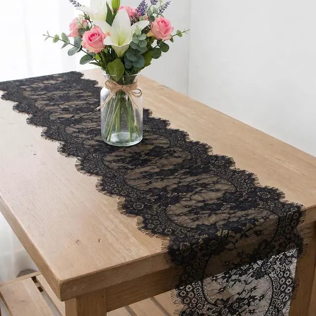 Main image of Black Lace Table Runner Vintage Gothic Lace Tablecloth Embroidered Doilies Long Tulle Fabric Halloween Table Decor for Wedding Home Parties Gathering(14x118 Inch)