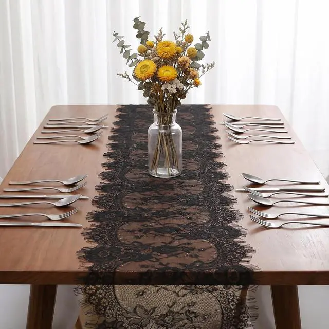 Alt view image 3 of 7 - Black Lace Table Runner Vintage Gothic Lace Tablecloth Embroidered Doilies Long Tulle Fabric Halloween Table Decor for Wedding Home Parties Gathering(14x118 Inch)