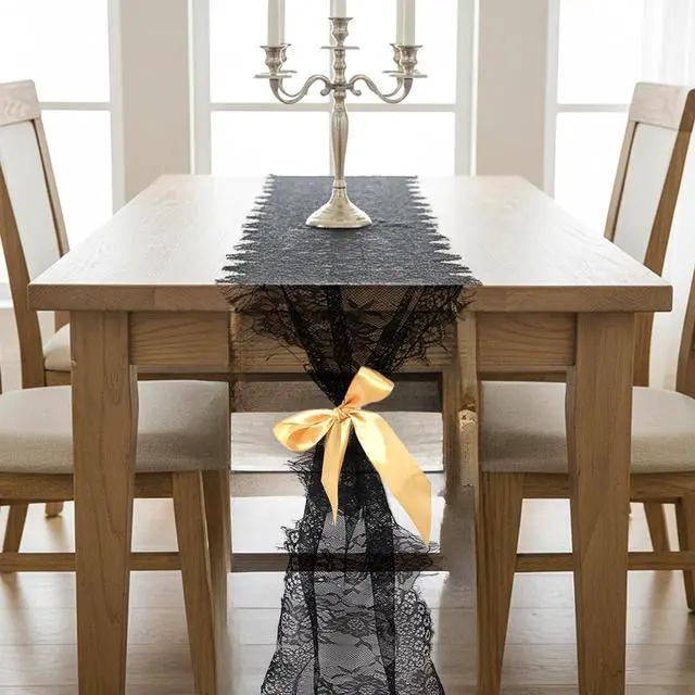 Alt view image 5 of 7 - Black Lace Table Runner Vintage Gothic Lace Tablecloth Embroidered Doilies Long Tulle Fabric Halloween Table Decor for Wedding Home Parties Gathering(14x118 Inch)
