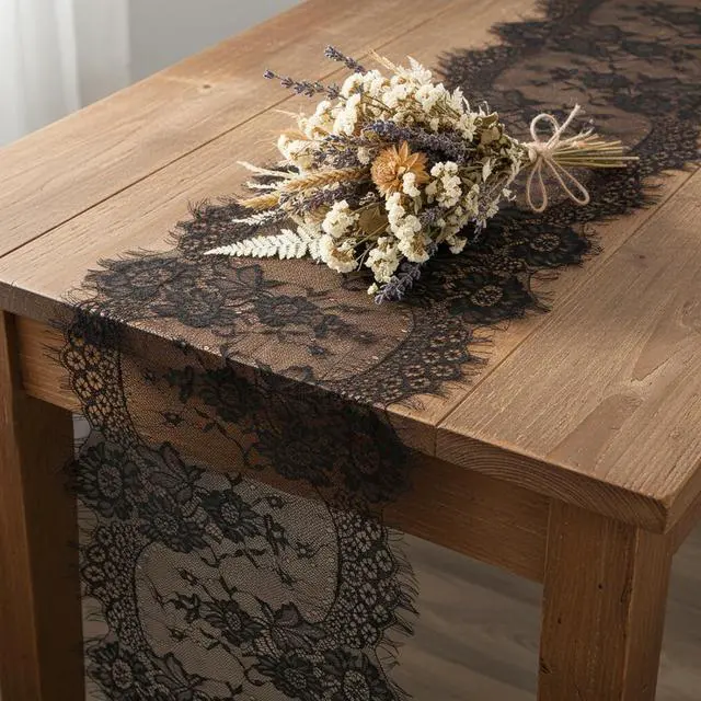 Alt view image 7 of 7 - Black Lace Table Runner Vintage Gothic Lace Tablecloth Embroidered Doilies Long Tulle Fabric Halloween Table Decor for Wedding Home Parties Gathering(14x118 Inch)