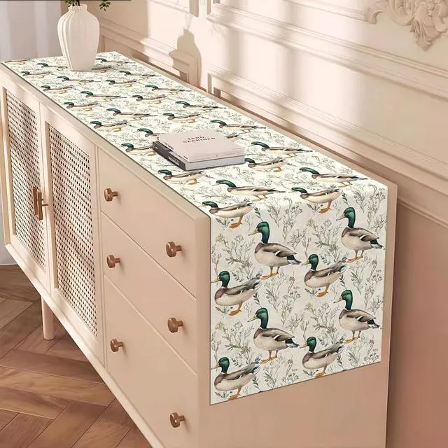 Alt view image 5 of 6 - Mallard Duck Table Runner Vintage Duck Hunting Birthday Baby Shower Party Decoration One Lucky Duck Home Kitchen Dining Room Table Decor (13" x 72")