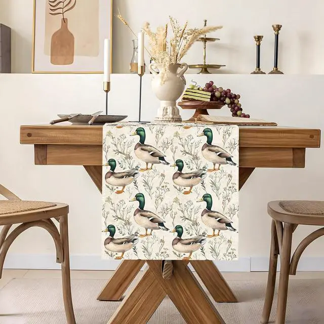 Alt view image 2 of 6 - Mallard Duck Table Runner Vintage Duck Hunting Birthday Baby Shower Party Decoration One Lucky Duck Home Kitchen Dining Room Table Decor (13" x 72")