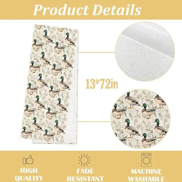Alt view image 3 of 6 - Mallard Duck Table Runner Vintage Duck Hunting Birthday Baby Shower Party Decoration One Lucky Duck Home Kitchen Dining Room Table Decor (13" x 72")