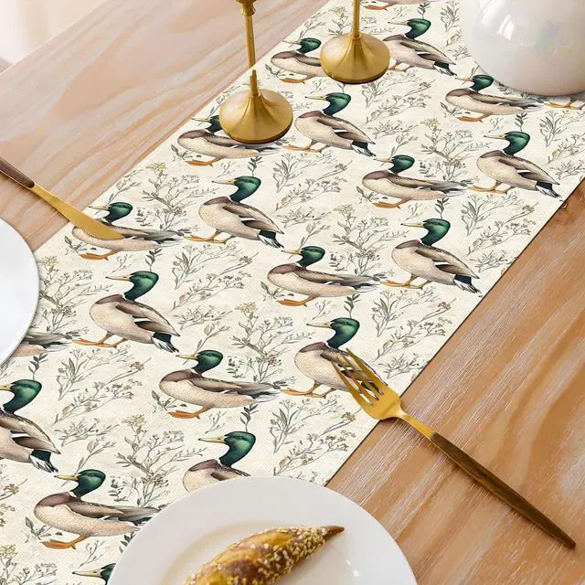 Alt view image 6 of 6 - Mallard Duck Table Runner Vintage Duck Hunting Birthday Baby Shower Party Decoration One Lucky Duck Home Kitchen Dining Room Table Decor (13" x 72")
