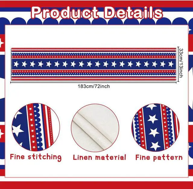Alt view image 2 of 6 - 4th of July Table Runner, 250 Anniversary USA Patriotic Table Runner Decorations, USA 250th Stars Stripes Independence Day Kitchen Dining Table Decor Home Party (72 ×13 Inch)