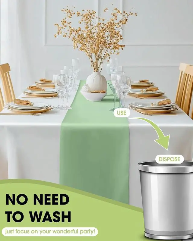 Alt view image 3 of 6 - Pureegg Sage Green Plastic Table Runners - 10 Pack, 14'' x 108'', Water Resistant & Disposable Centerpiece Decorations for Table Cloth, Wedding, Birthday, Holiday, Baby Shower, Party, Home Decor