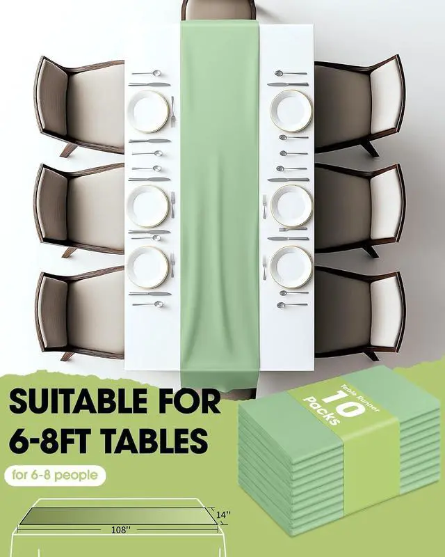 Alt view image 4 of 6 - Pureegg Sage Green Plastic Table Runners - 10 Pack, 14'' x 108'', Water Resistant & Disposable Centerpiece Decorations for Table Cloth, Wedding, Birthday, Holiday, Baby Shower, Party, Home Decor