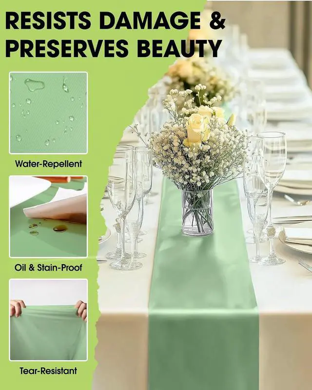 Alt view image 2 of 6 - Pureegg Sage Green Plastic Table Runners - 10 Pack, 14'' x 108'', Water Resistant & Disposable Centerpiece Decorations for Table Cloth, Wedding, Birthday, Holiday, Baby Shower, Party, Home Decor