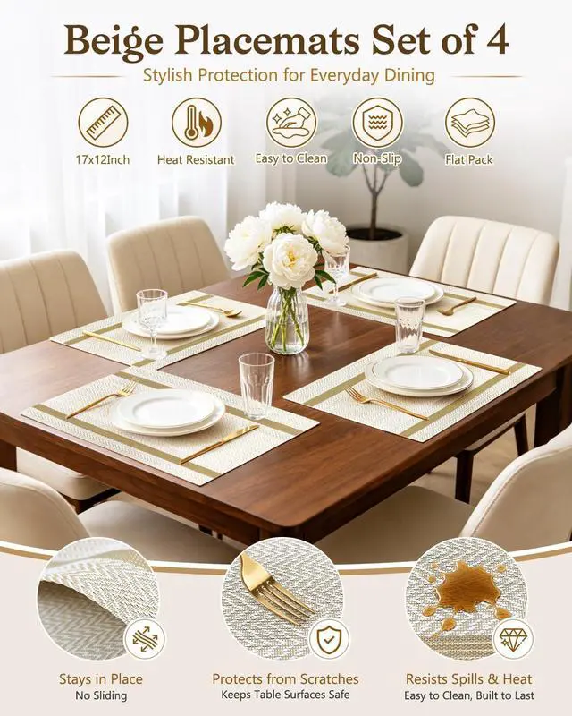 Alt view image 2 of 7 - COOLMI Beige Placemats Set of 4, Washable Woven PVC Table Mats, Heat Resistant Non-Slip Place Mats for Dining Table, Flat Pack No Curled Edges, Indoor Outdoor, 17 x 12 Inch