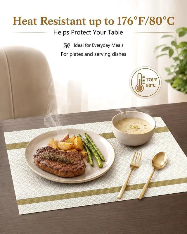 Alt view image 4 of 7 - COOLMI Beige Placemats Set of 4, Washable Woven PVC Table Mats, Heat Resistant Non-Slip Place Mats for Dining Table, Flat Pack No Curled Edges, Indoor Outdoor, 17 x 12 Inch