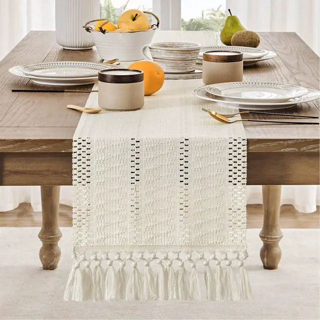 Alt view image 2 of 7 - ZeeMart Macrame Style Boho Table Runner, 12x72 Inch Ivory | Woven Boho Table Runner with Handmade Tassels, Crochet Hollow Table Scarf, Farmhouse Kitchen Home Decor Dresser Runner