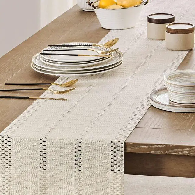 Alt view image 5 of 7 - ZeeMart Macrame Style Boho Table Runner, 12x72 Inch Ivory | Woven Boho Table Runner with Handmade Tassels, Crochet Hollow Table Scarf, Farmhouse Kitchen Home Decor Dresser Runner