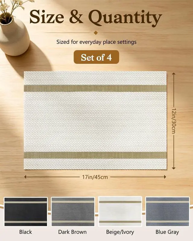 Alt view image 7 of 7 - COOLMI Beige Placemats Set of 4, Washable Woven PVC Table Mats, Heat Resistant Non-Slip Place Mats for Dining Table, Flat Pack No Curled Edges, Indoor Outdoor, 17 x 12 Inch