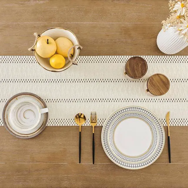 Alt view image 4 of 7 - ZeeMart Macrame Style Boho Table Runner, 12x72 Inch Ivory | Woven Boho Table Runner with Handmade Tassels, Crochet Hollow Table Scarf, Farmhouse Kitchen Home Decor Dresser Runner