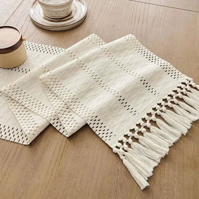 Alt view image 7 of 7 - ZeeMart Macrame Style Boho Table Runner, 12x72 Inch Ivory | Woven Boho Table Runner with Handmade Tassels, Crochet Hollow Table Scarf, Farmhouse Kitchen Home Decor Dresser Runner