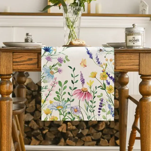 Alt view image 2 of 7 - Artoid Mode Daisy Eucalyptus Lavender Floral Leaves Summer Table Runner, Spring Kitchen Dining Table Decoration for Home Party Decor 13x72 Inch