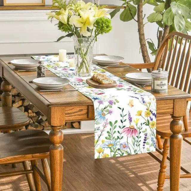 Alt view image 4 of 7 - Artoid Mode Daisy Eucalyptus Lavender Floral Leaves Summer Table Runner, Spring Kitchen Dining Table Decoration for Home Party Decor 13x72 Inch