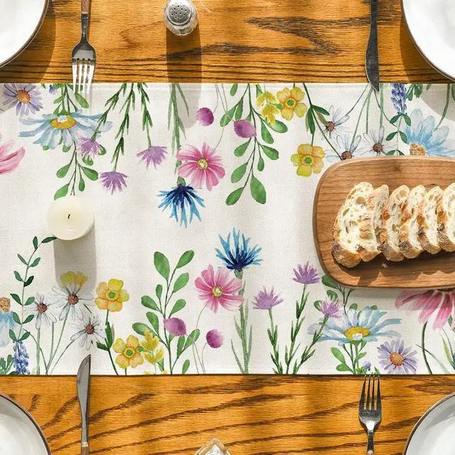 Alt view image 3 of 7 - Artoid Mode Daisy Eucalyptus Lavender Floral Leaves Summer Table Runner, Spring Kitchen Dining Table Decoration for Home Party Decor 13x72 Inch