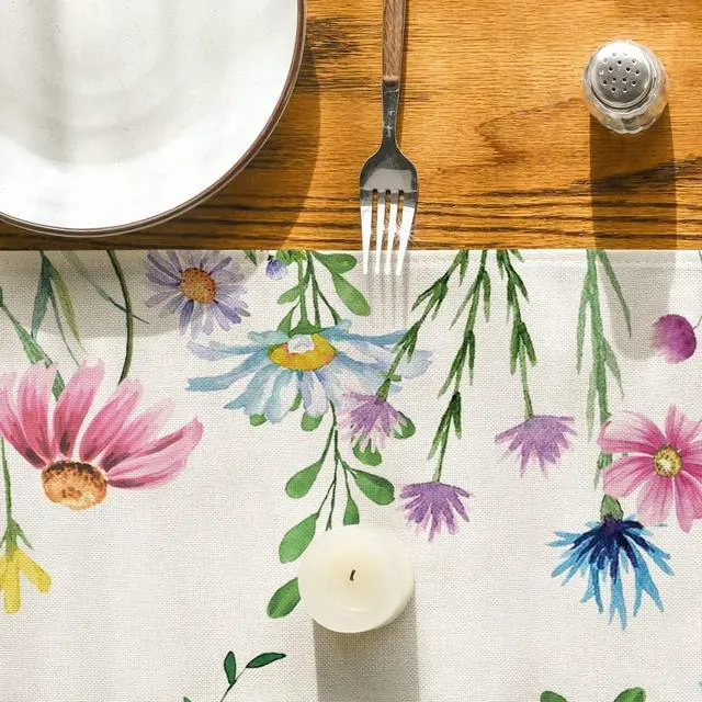 Alt view image 7 of 7 - Artoid Mode Daisy Eucalyptus Lavender Floral Leaves Summer Table Runner, Spring Kitchen Dining Table Decoration for Home Party Decor 13x72 Inch