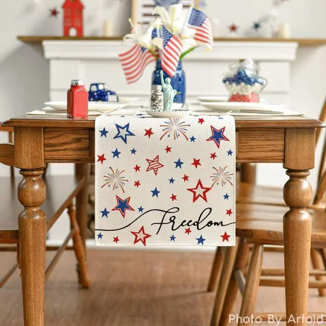 Alt view image 2 of 7 - Artoid Mode Patriotic Freedom Stars 4th of July Table Runner, Memorial Day Holiday Kitchen Dining Table Decor for Indoor Outdoor Home Party Decoration 13 x 72 Inch