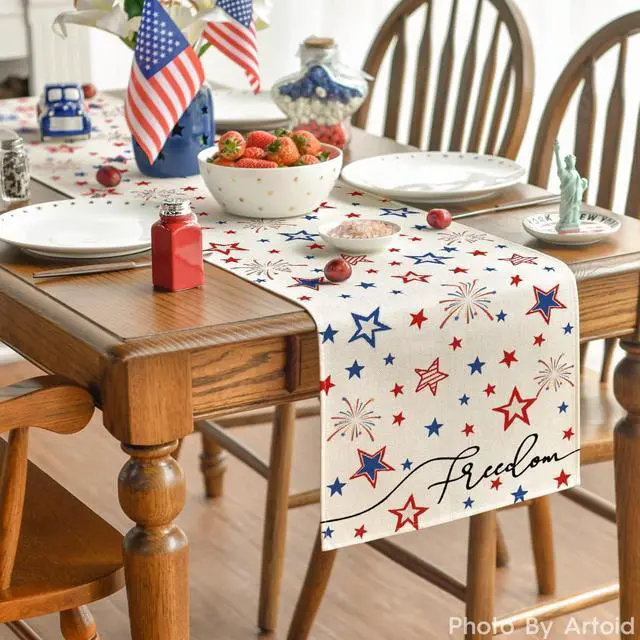 Alt view image 4 of 7 - Artoid Mode Patriotic Freedom Stars 4th of July Table Runner, Memorial Day Holiday Kitchen Dining Table Decor for Indoor Outdoor Home Party Decoration 13 x 72 Inch