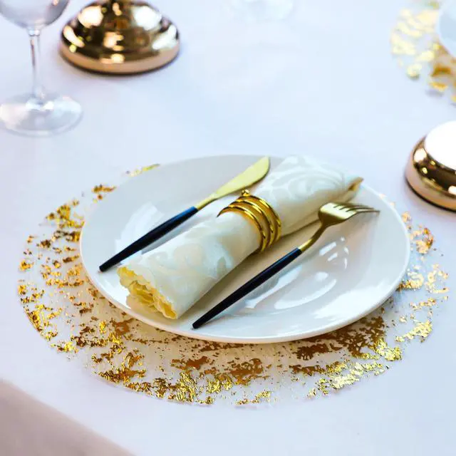 Alt view image 2 of 7 - Snowkingdom Disposable Gold Placemats Set of 12 Metallic Round 13 Inch Foil Mesh Pressed Fall Table Mates 12 Pack Gold Doilies for Dining Table Wedding Birthday Party Holiday Home Decoration