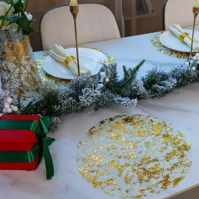 Alt view image 3 of 7 - Snowkingdom Disposable Gold Placemats Set of 12 Metallic Round 13 Inch Foil Mesh Pressed Fall Table Mates 12 Pack Gold Doilies for Dining Table Wedding Birthday Party Holiday Home Decoration