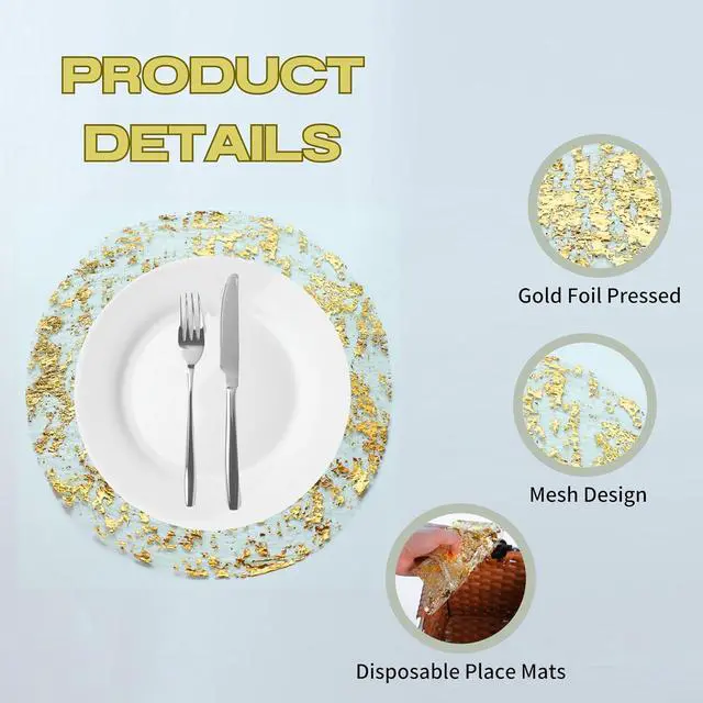 Alt view image 4 of 7 - Snowkingdom Disposable Gold Placemats Set of 12 Metallic Round 13 Inch Foil Mesh Pressed Fall Table Mates 12 Pack Gold Doilies for Dining Table Wedding Birthday Party Holiday Home Decoration