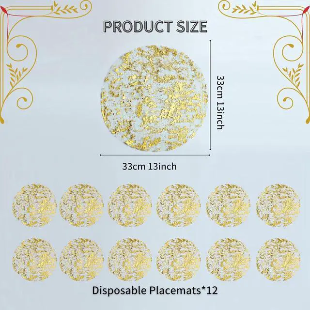 Alt view image 5 of 7 - Snowkingdom Disposable Gold Placemats Set of 12 Metallic Round 13 Inch Foil Mesh Pressed Fall Table Mates 12 Pack Gold Doilies for Dining Table Wedding Birthday Party Holiday Home Decoration