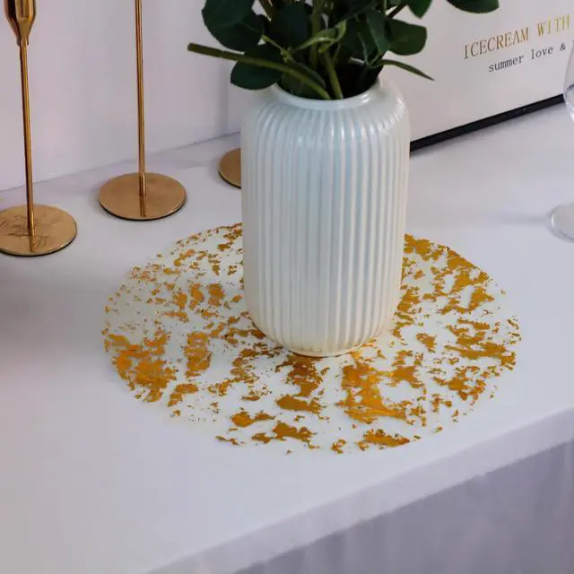 Alt view image 7 of 7 - Snowkingdom Disposable Gold Placemats Set of 12 Metallic Round 13 Inch Foil Mesh Pressed Fall Table Mates 12 Pack Gold Doilies for Dining Table Wedding Birthday Party Holiday Home Decoration