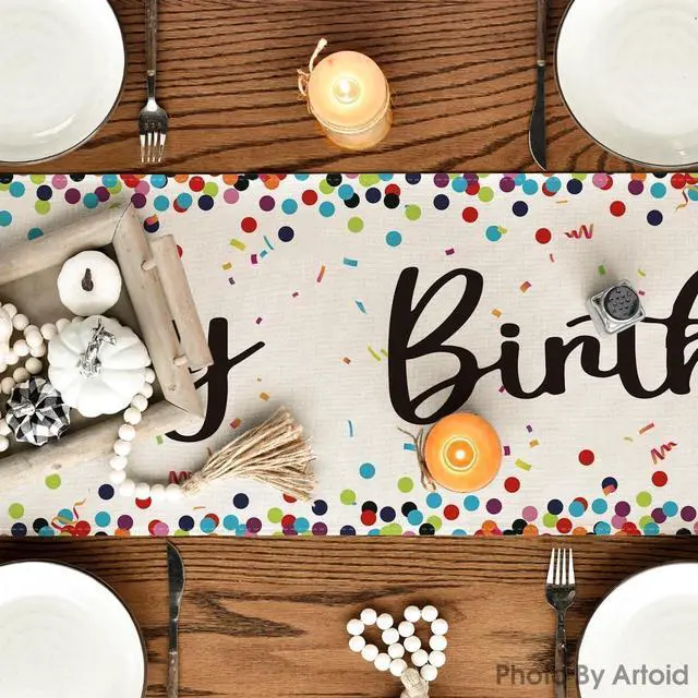 Alt view image 3 of 7 - Artoid Mode Polka Dot Beige Happy Birthday Table Runner, Seasonal Kitchen Dining Table Decoration for Home Party Decor 13x72 Inch