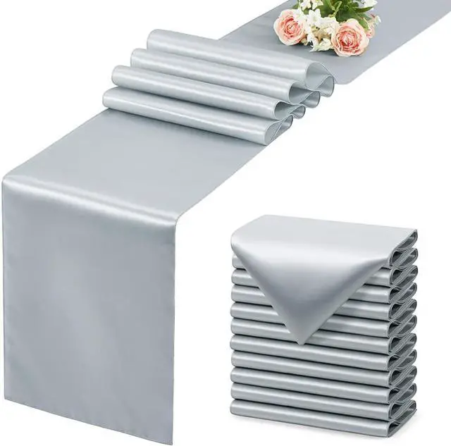 Main image of Silver Satin Table Runner, 12x108 Inches, 2 Pack | Premium Satin, Smooth Silk-Like Surface, Elegant Table Decor, Wedding Prom Event Party Banquet Supplies