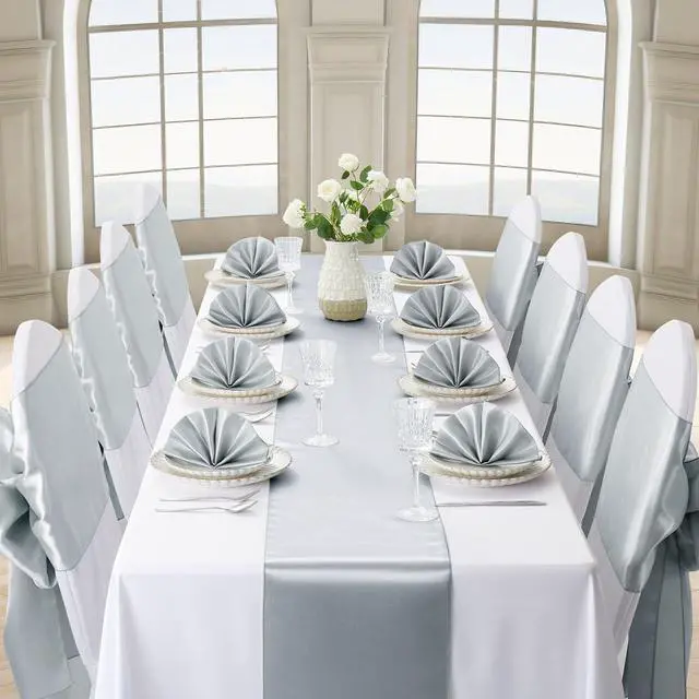 Alt view image 3 of 7 - Silver Satin Table Runner, 12x108 Inches, 2 Pack | Premium Satin, Smooth Silk-Like Surface, Elegant Table Decor, Wedding Prom Event Party Banquet Supplies