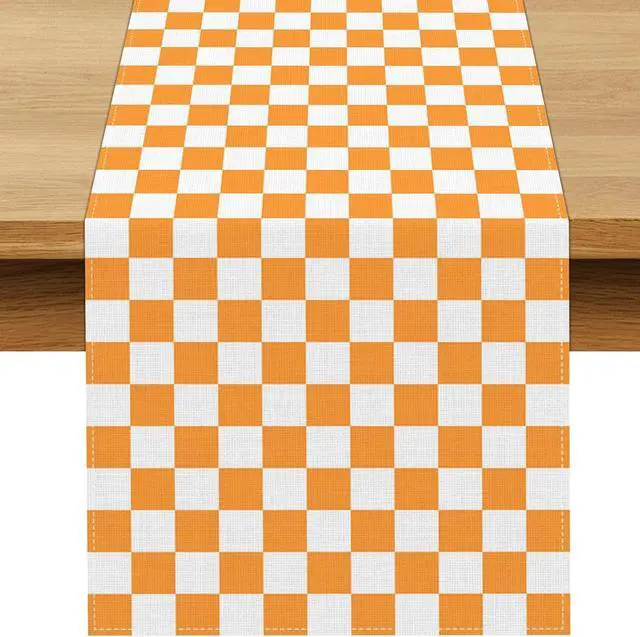 Main image of Orange White Checkered Table Runner Fall Thanksgiving Harvest Checkerboard Decoration for Wedding Birthday Bridal Baby Shower Christmas Home Party Kitchen Island Decor 13" x 72"