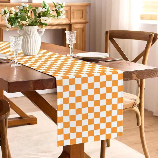 Alt view image 3 of 6 - Orange White Checkered Table Runner Fall Thanksgiving Harvest Checkerboard Decoration for Wedding Birthday Bridal Baby Shower Christmas Home Party Kitchen Island Decor 13" x 72"