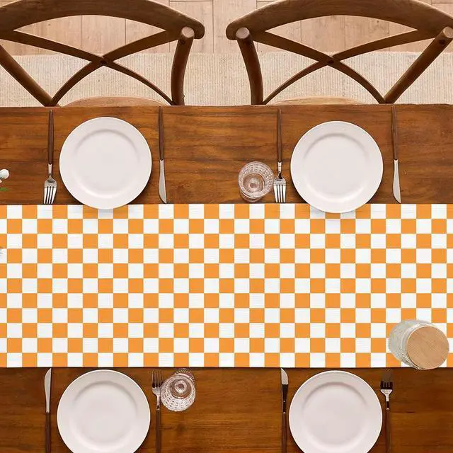 Alt view image 4 of 6 - Orange White Checkered Table Runner Fall Thanksgiving Harvest Checkerboard Decoration for Wedding Birthday Bridal Baby Shower Christmas Home Party Kitchen Island Decor 13" x 72"