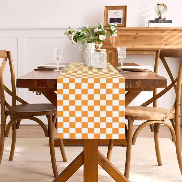 Alt view image 2 of 6 - Orange White Checkered Table Runner Fall Thanksgiving Harvest Checkerboard Decoration for Wedding Birthday Bridal Baby Shower Christmas Home Party Kitchen Island Decor 13" x 72"