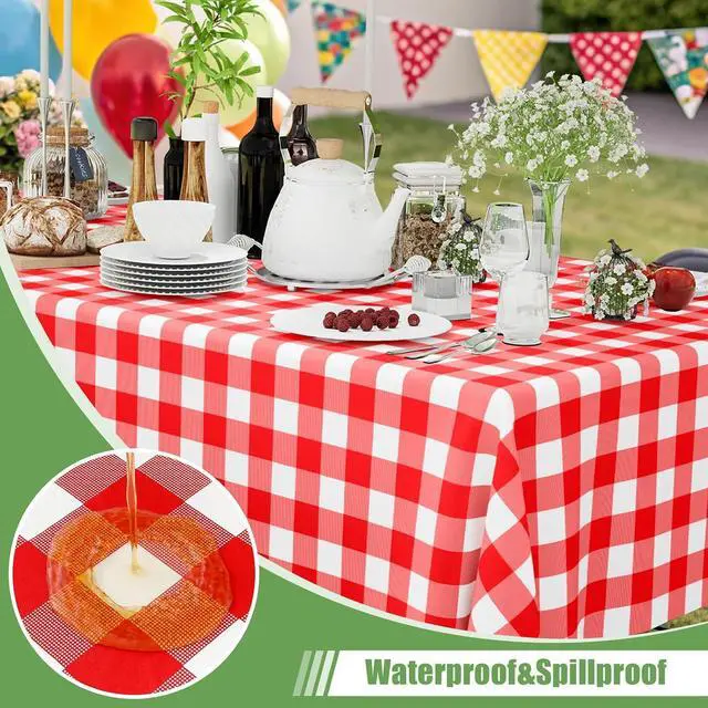 Alt view image 2 of 7 - Smiry 3 Pack Red Gingham Disposable Tablecloths, 54" x 108" Rectangle Plastic Checkered Table Cloth, Waterproof Buffalo Plaid Table Covers for Picnic, Outdoor, Birthday, Party