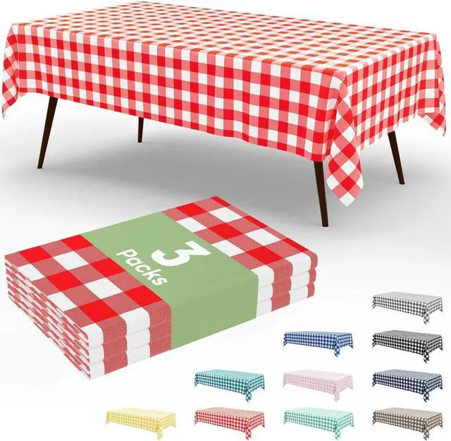 Main image of Smiry 3 Pack Red Gingham Disposable Tablecloths, 54" x 108" Rectangle Plastic Checkered Table Cloth, Waterproof Buffalo Plaid Table Covers for Picnic, Outdoor, Birthday, Party
