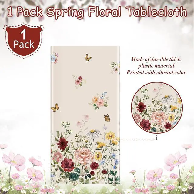 Alt view image 4 of 7 - 1 Pcs Spring Floral Tablecloth, Butterfly Wildflower Plastic Disposable Tablecloth Rectangle Table Covers for Easter, Birthday, Wedding, Mothers Day Tea Party Supplies and Decorations,54 x 108 Inch